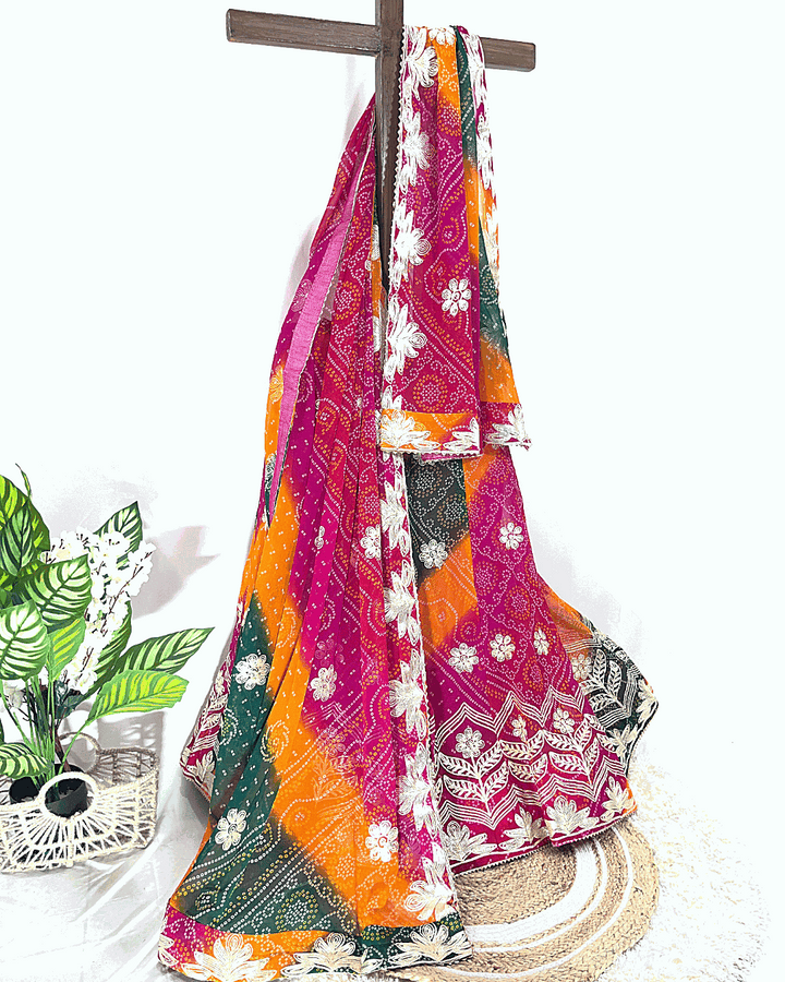 Multicolored Bandhani Dupatta with Gota Patti Work - Rajasthani Silk Bandhej Scarf for Festive & Wedding Wear