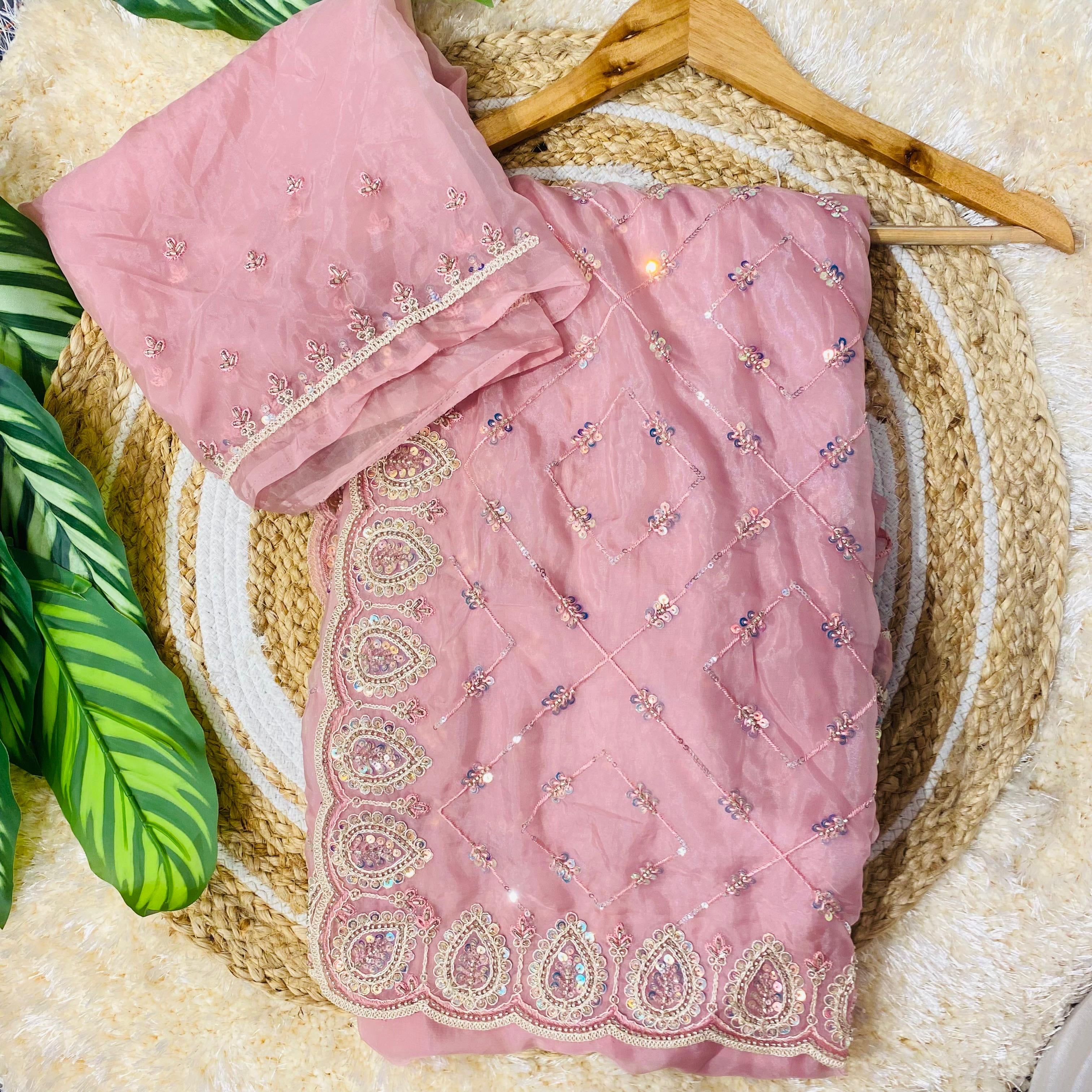 Blush pink saree set displayed on a wooden hanger over a woven jute mat, featuring a richly embroidered paisley border with sequins and beadwork, paired with a matching sheer dupatta adorned with delicate floral motifs and subtle embroidered edging. ✨