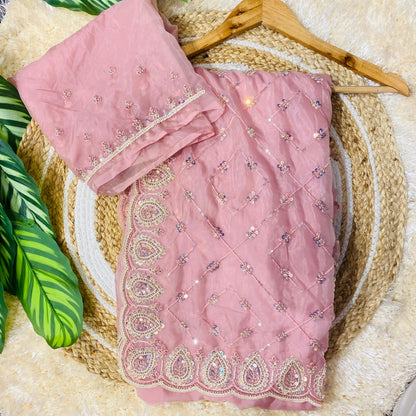 Pure Glass Tissue Handwork Saree in Baby Pink: Luxury Designer Saree for Weddings